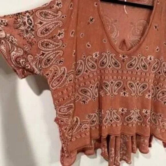 FREE PEOPLE No Matter What Paisley Print Knit Tunic Top Rust Bohemian Women's XL - Picture 3 of 8